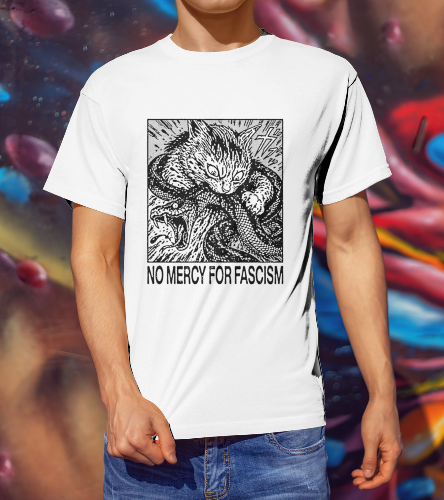 No Mercy For Fascism Cat Fighting Snake T-Shirt