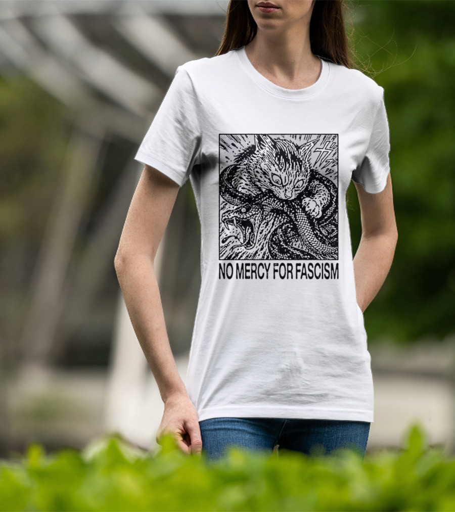 No Mercy For Fascism Cat Fighting Snake T-Shirt