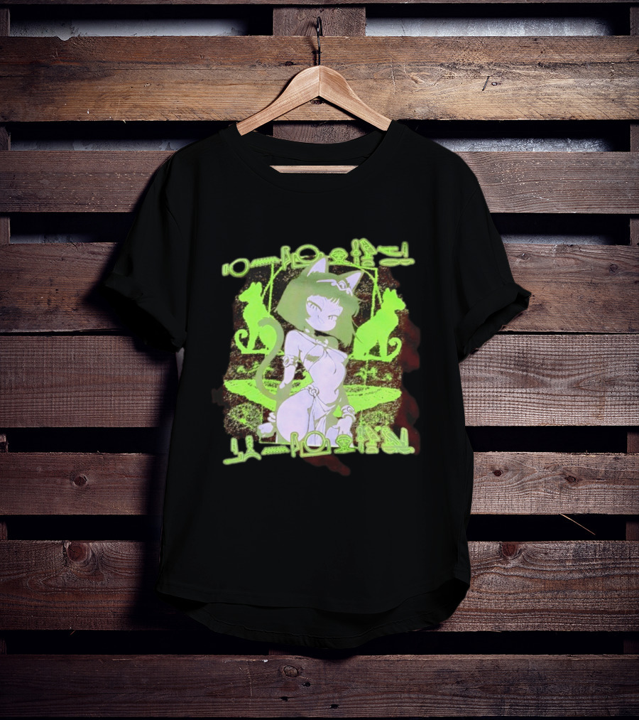 Anime Cat Girl Egyptian Hieroglyphics Neon Green Aesthetic T-Shirt