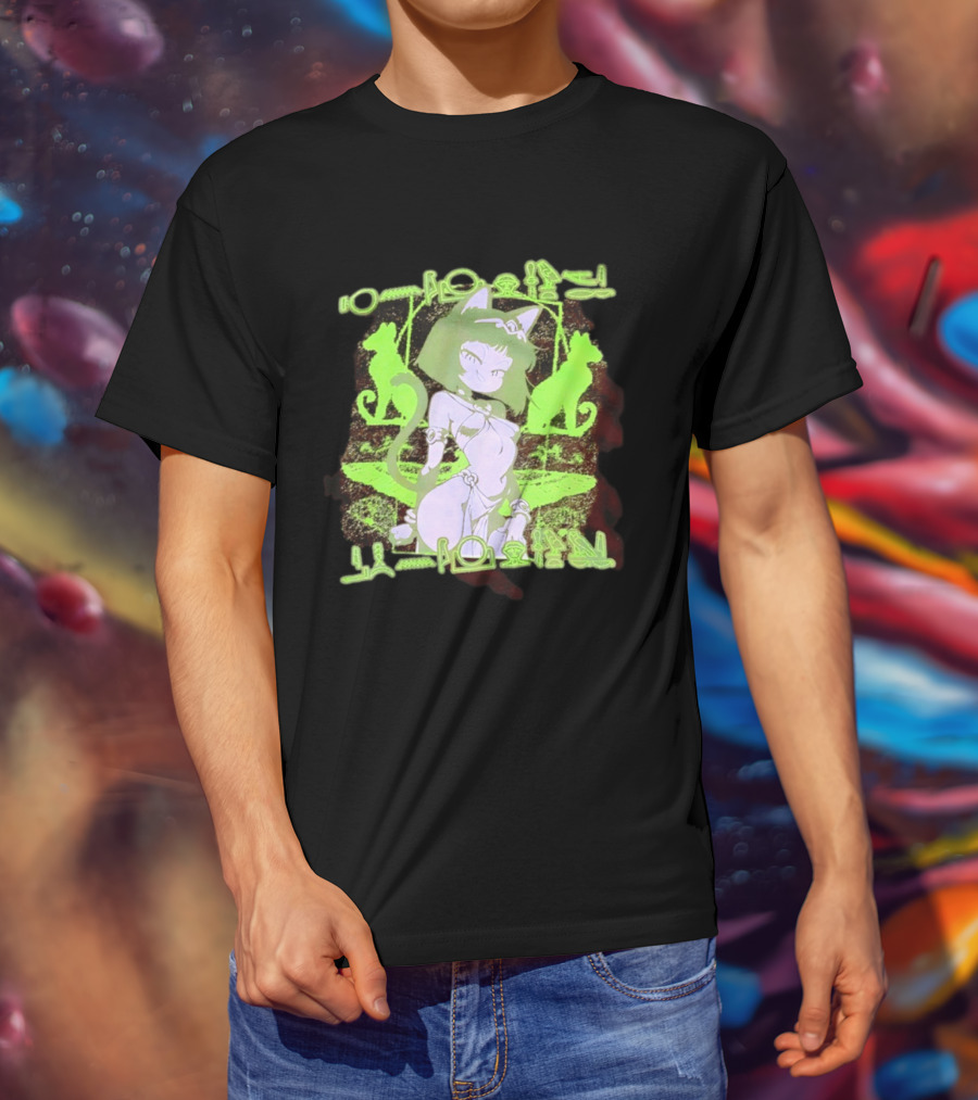 Anime Cat Girl Egyptian Hieroglyphics Neon Green Aesthetic T-Shirt