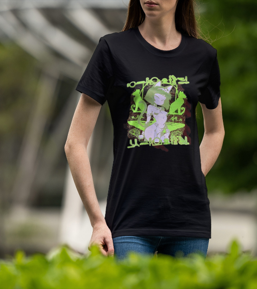 Anime Cat Girl Egyptian Hieroglyphics Neon Green Aesthetic T-Shirt