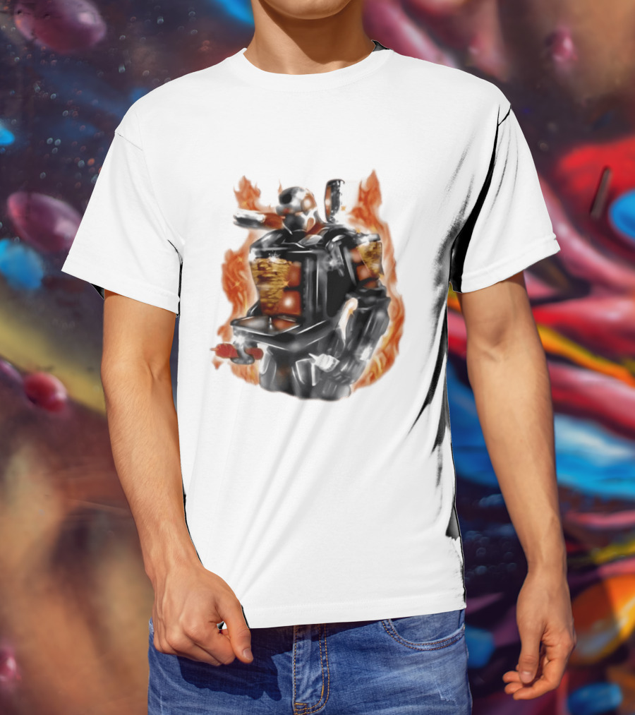 Shawarma Man 90s Flame Airbrush Robot T-Shirt