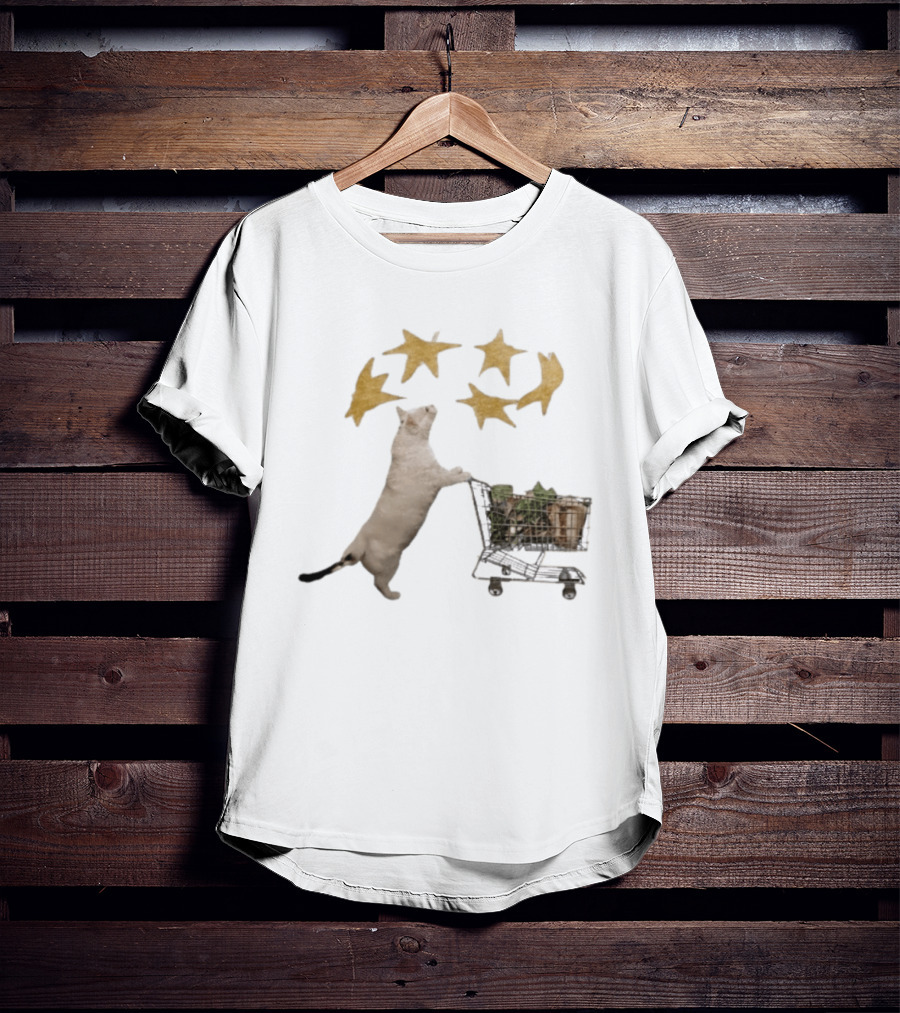 Cat Pushes Shopping Cart With Golden Stars Above T-Shirt