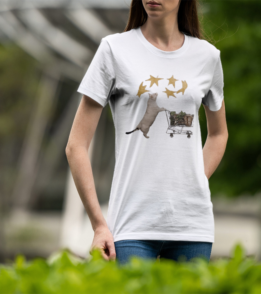 Cat Pushes Shopping Cart With Golden Stars Above T-Shirt