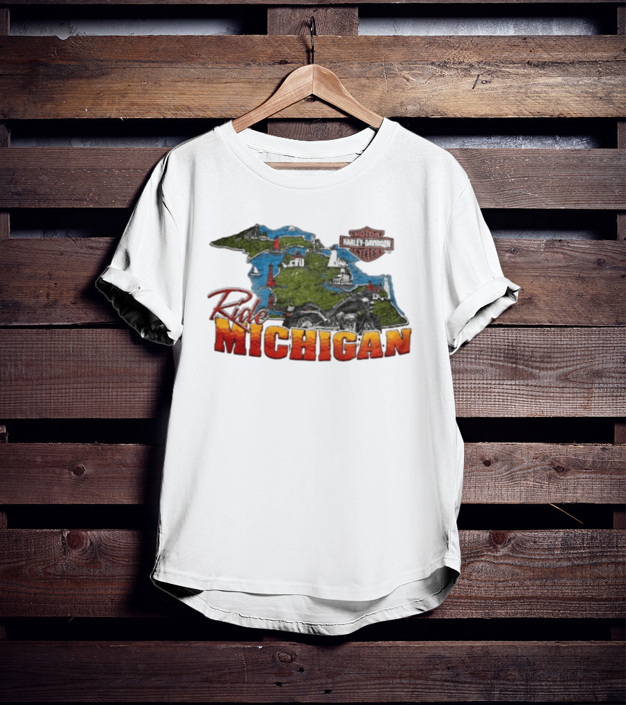 Ride Michigan Harley Davidson Motor Cycles Island Map And Lighthouse T-Shirt