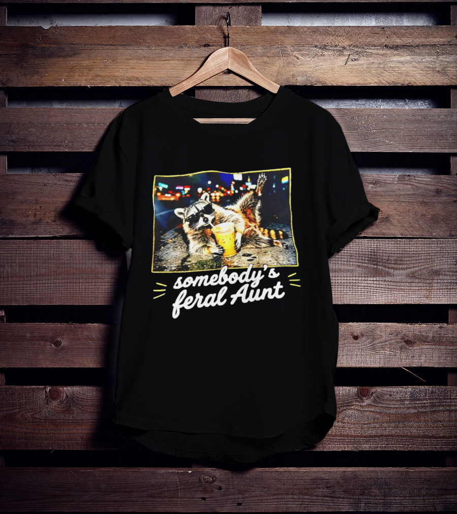 Somebody's Feral Aunt Raccoon Iced Coffee Street Scene T-Shirt