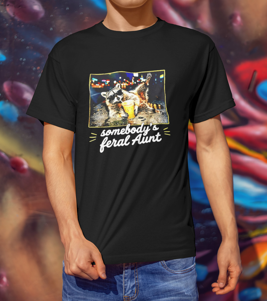 Somebody's Feral Aunt Raccoon Iced Coffee Street Scene T-Shirt