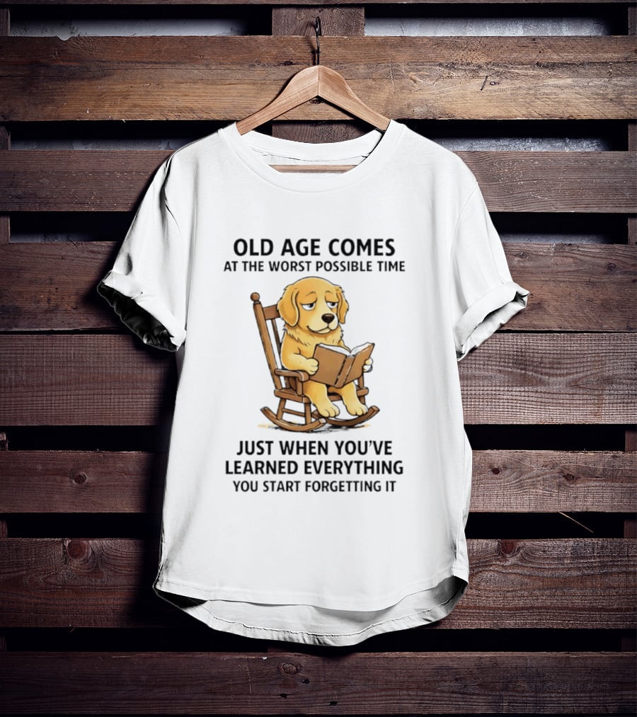 Golden Retriever Reading In Rocking Chair Old Age Humor T-Shirt