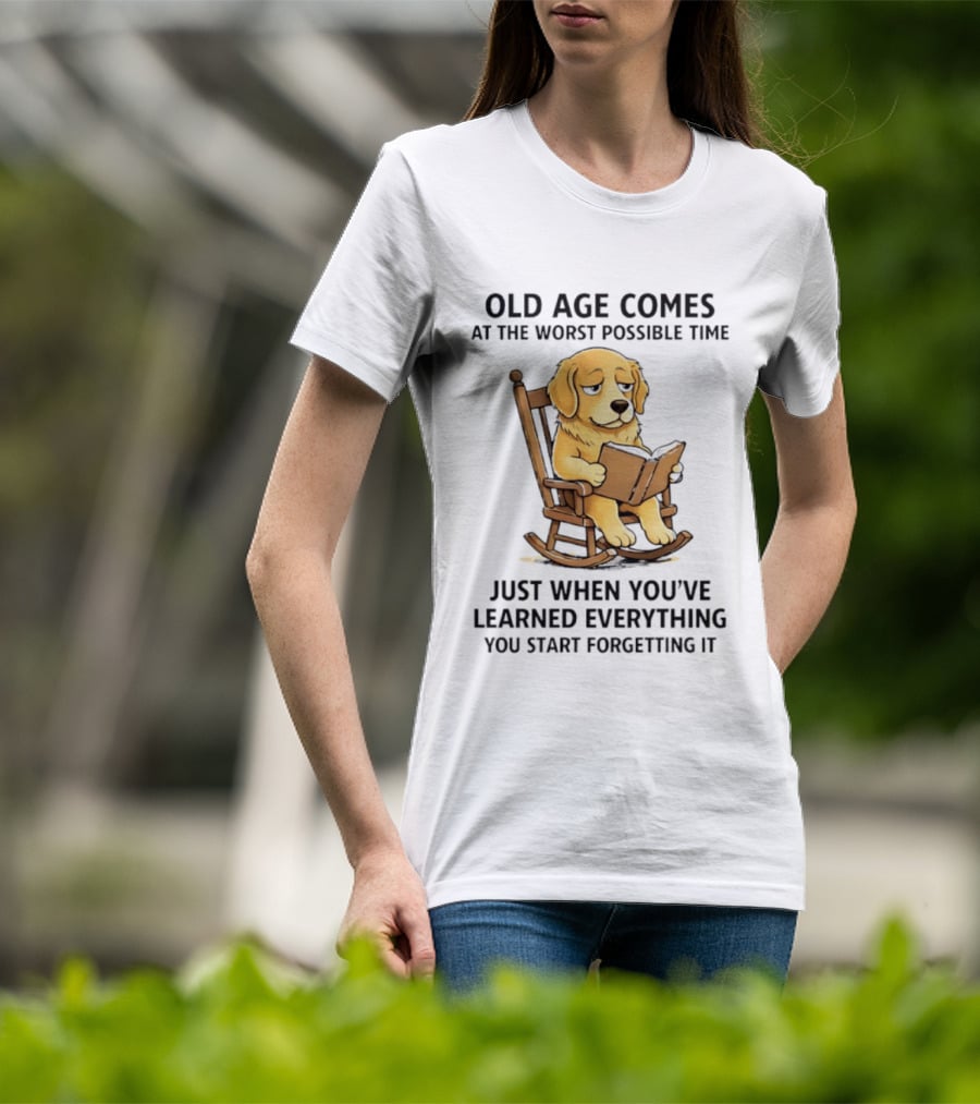 Golden Retriever Reading In Rocking Chair Old Age Humor T-Shirt