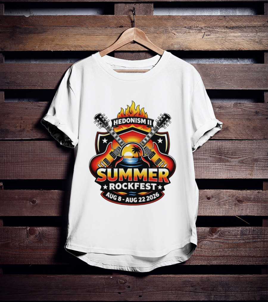 Hedonism II Summer Rockfest August 8 22 2026 Guitars Sunset Palms Fire T-Shirt