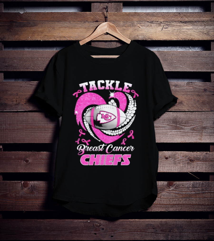 Tackle Breast Cancer Kansas City Chiefs Pink Ribbon Football Heart T-Shirt