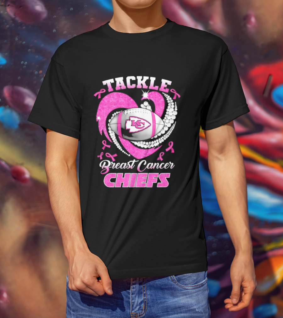 Tackle Breast Cancer Kansas City Chiefs Pink Ribbon Football Heart T-Shirt
