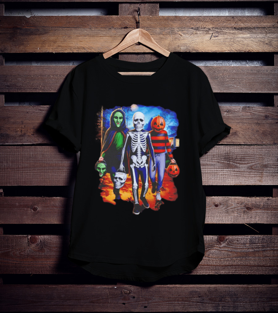 2026 Halloween Trick Or Treat Trio Skeleton Witch Pumpkin Night T-Shirt