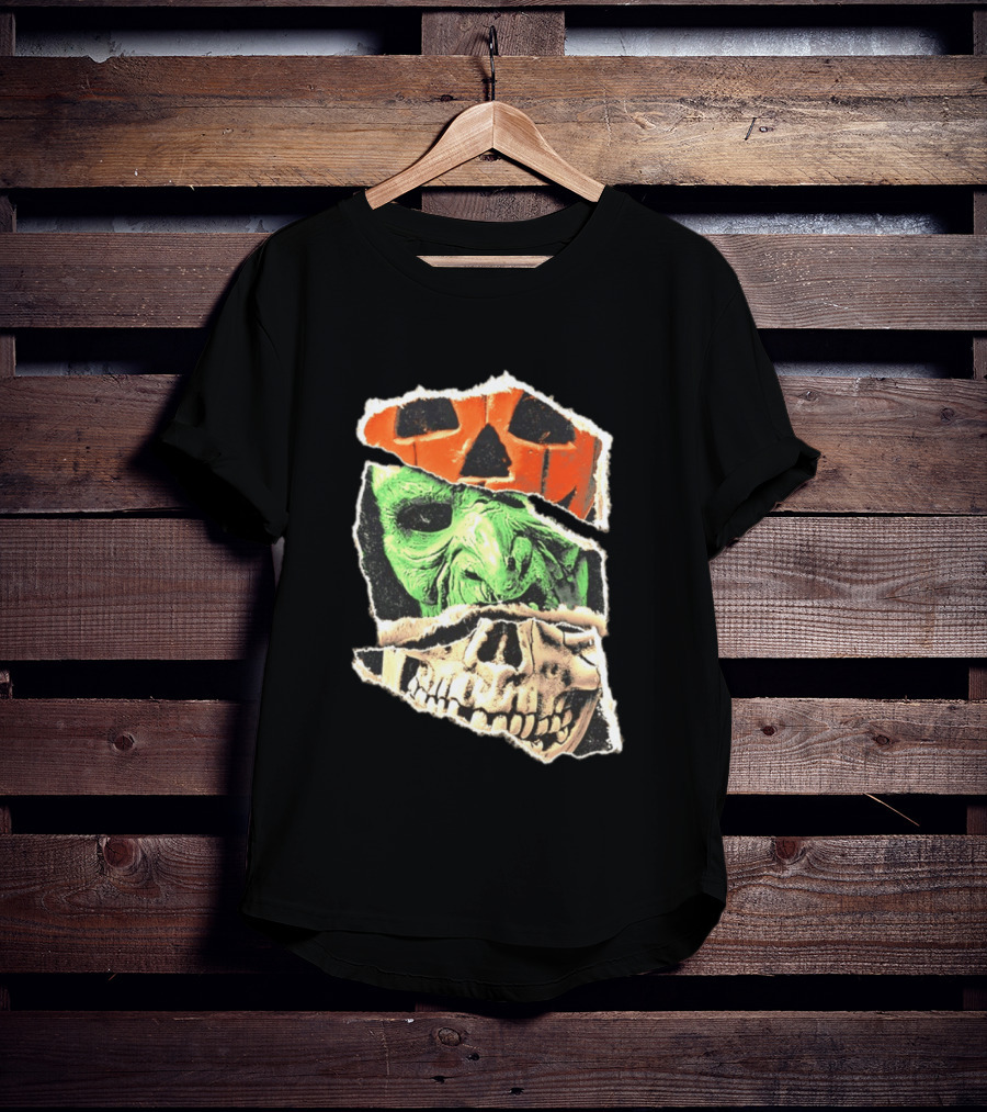 Halloween Trio Three Masks Horror Season Of The Witch Pumpkin Skull Green Mask T-Shirt