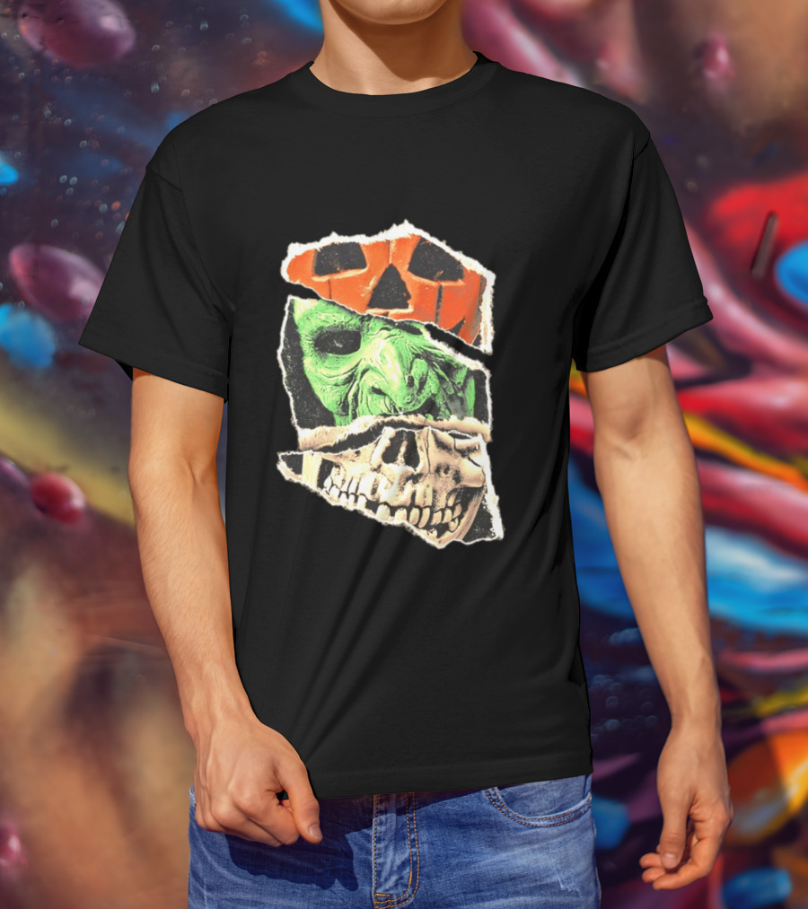 Halloween Trio Three Masks Horror Season Of The Witch Pumpkin Skull Green Mask T-Shirt