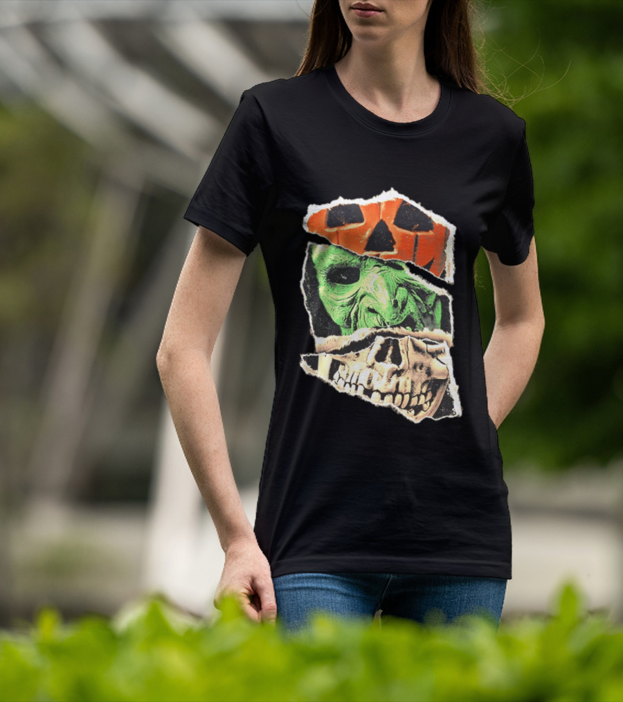 Halloween Trio Three Masks Horror Season Of The Witch Pumpkin Skull Green Mask T-Shirt