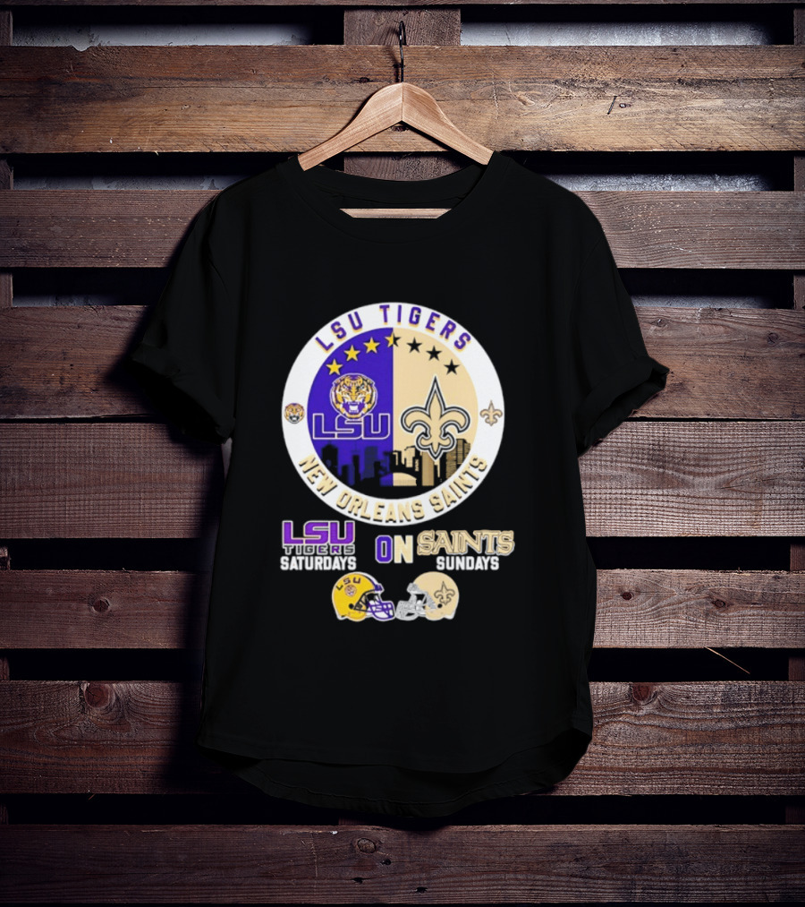 LSU Tigers New Orleans Saints Skyline Helmet Celebration Saturdays Sundays T-Shirt