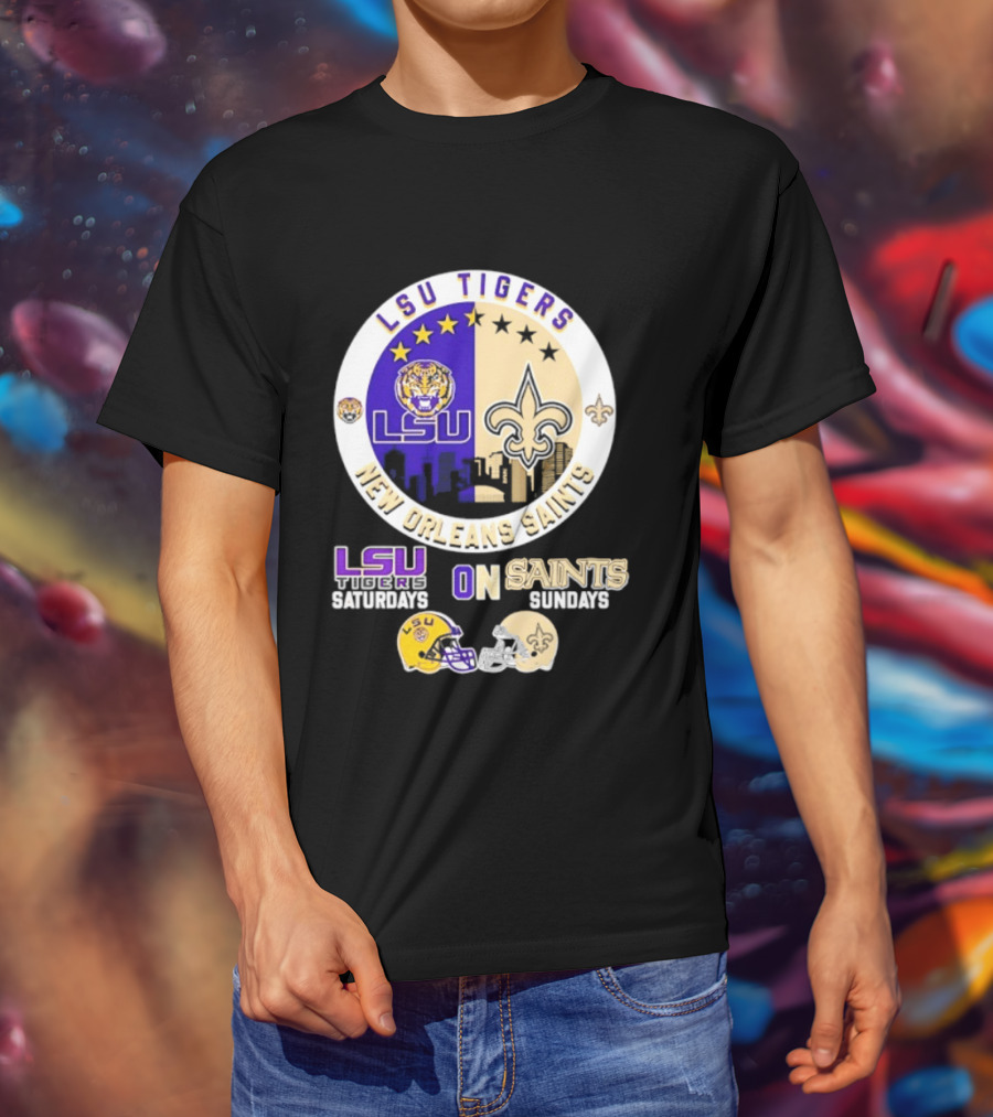LSU Tigers New Orleans Saints Skyline Helmet Celebration Saturdays Sundays T-Shirt