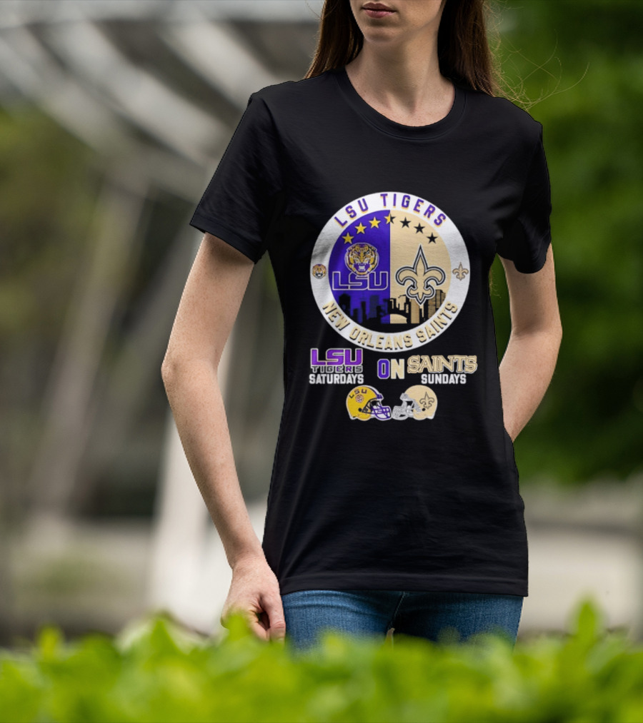LSU Tigers New Orleans Saints Skyline Helmet Celebration Saturdays Sundays T-Shirt