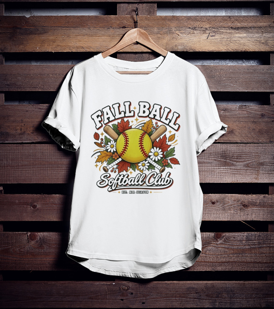 Fall Ball Softball Club Established All Season Autumn Leaves And Bats T-Shirt