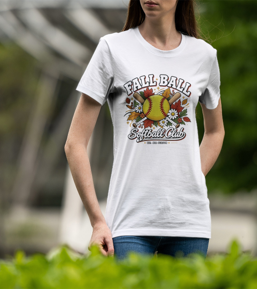 Fall Ball Softball Club Established All Season Autumn Leaves And Bats T-Shirt