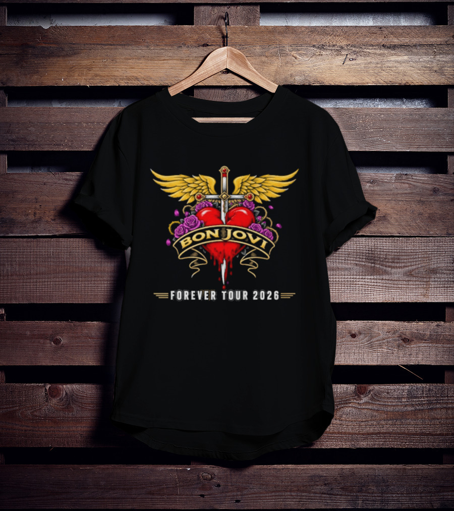 Bon Jovi Forever Tour 2026 Heart And Dagger Wings Roses T-Shirt