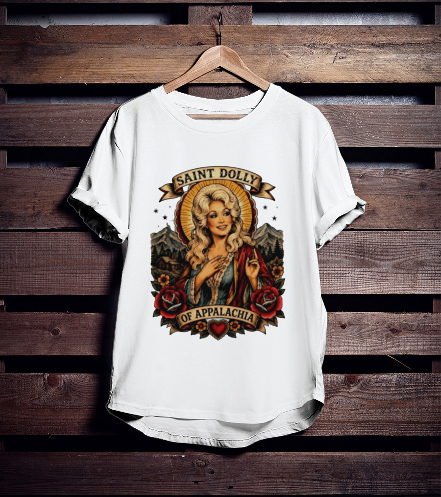Saint Dolly Of Appalachia Iconic Tribute With Roses And Mountains T-Shirt