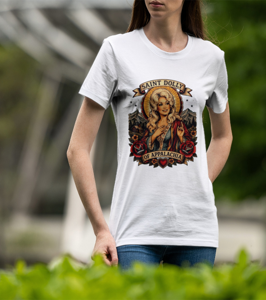 Saint Dolly Of Appalachia Iconic Tribute With Roses And Mountains T-Shirt