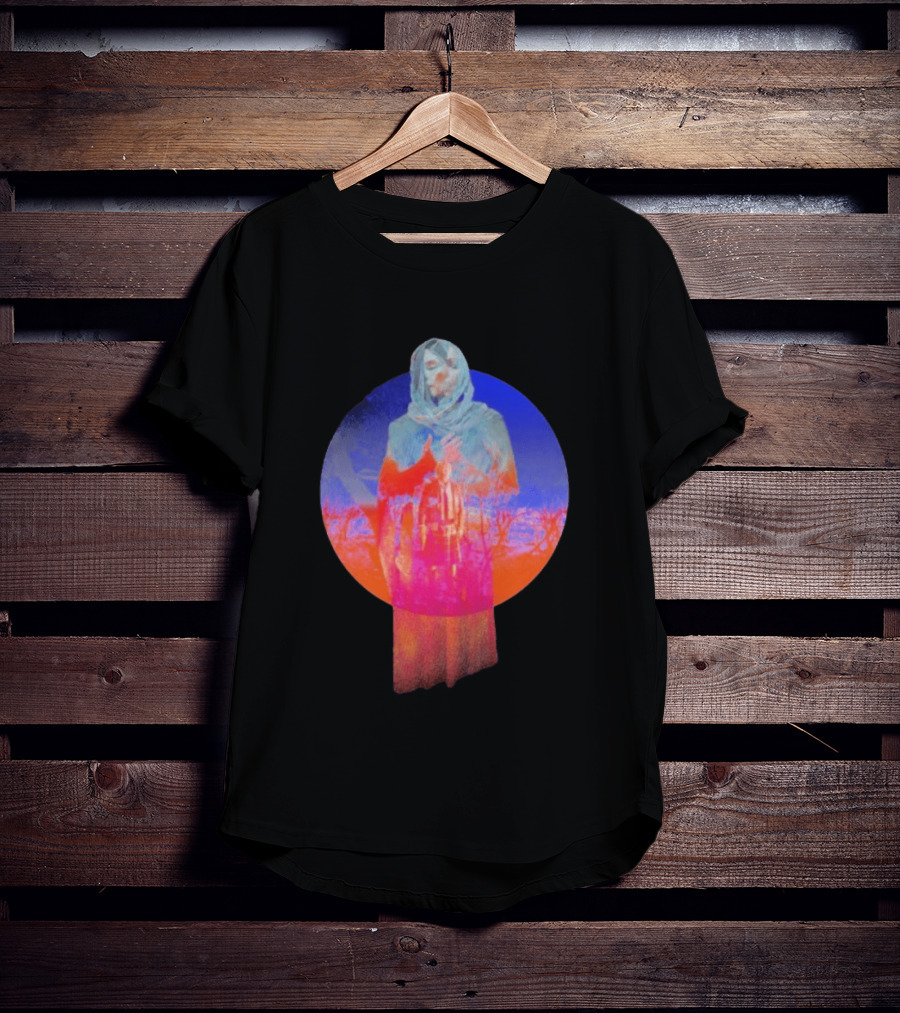 Hot Spot Eclipse Surreal Mystical Figure Eerie Hooded Apparition In Vibrant Color Spectrum T-Shirt