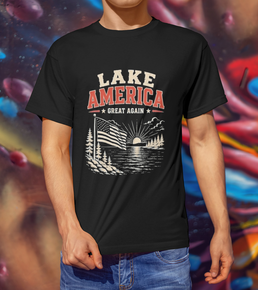 Lake America Great Again With Sunset And Flag Scene T-Shirt