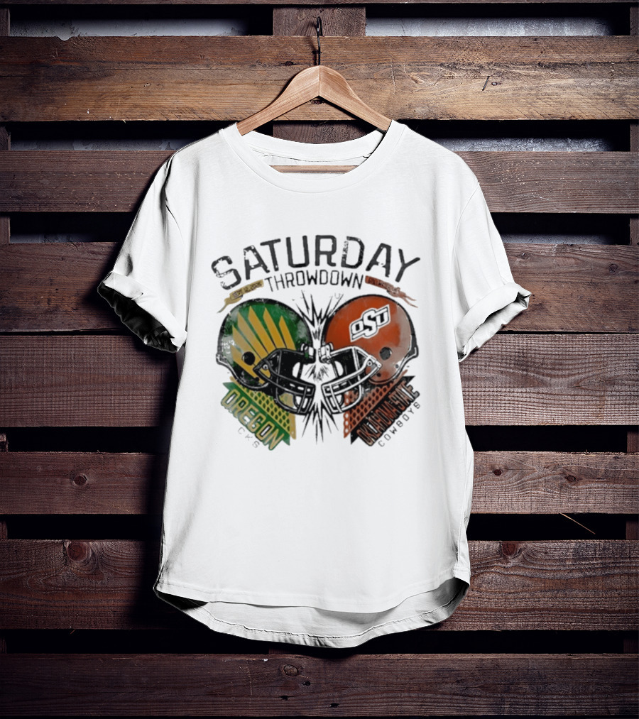 Oklahoma State Vs Oregon Saturday Throwdown 2026 Helmet Clash T-Shirt