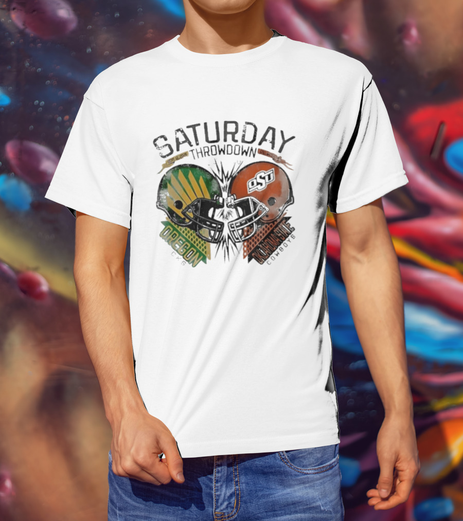 Oklahoma State Vs Oregon Saturday Throwdown 2026 Helmet Clash T-Shirt