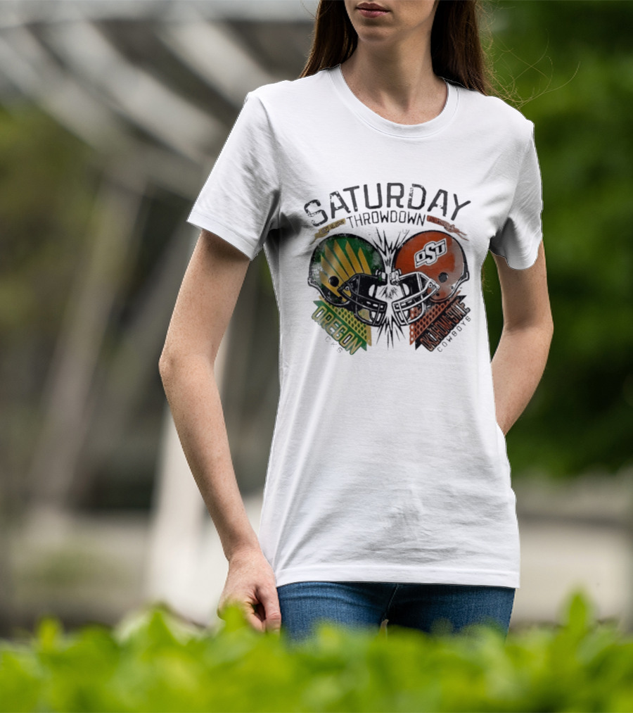 Oklahoma State Vs Oregon Saturday Throwdown 2026 Helmet Clash T-Shirt