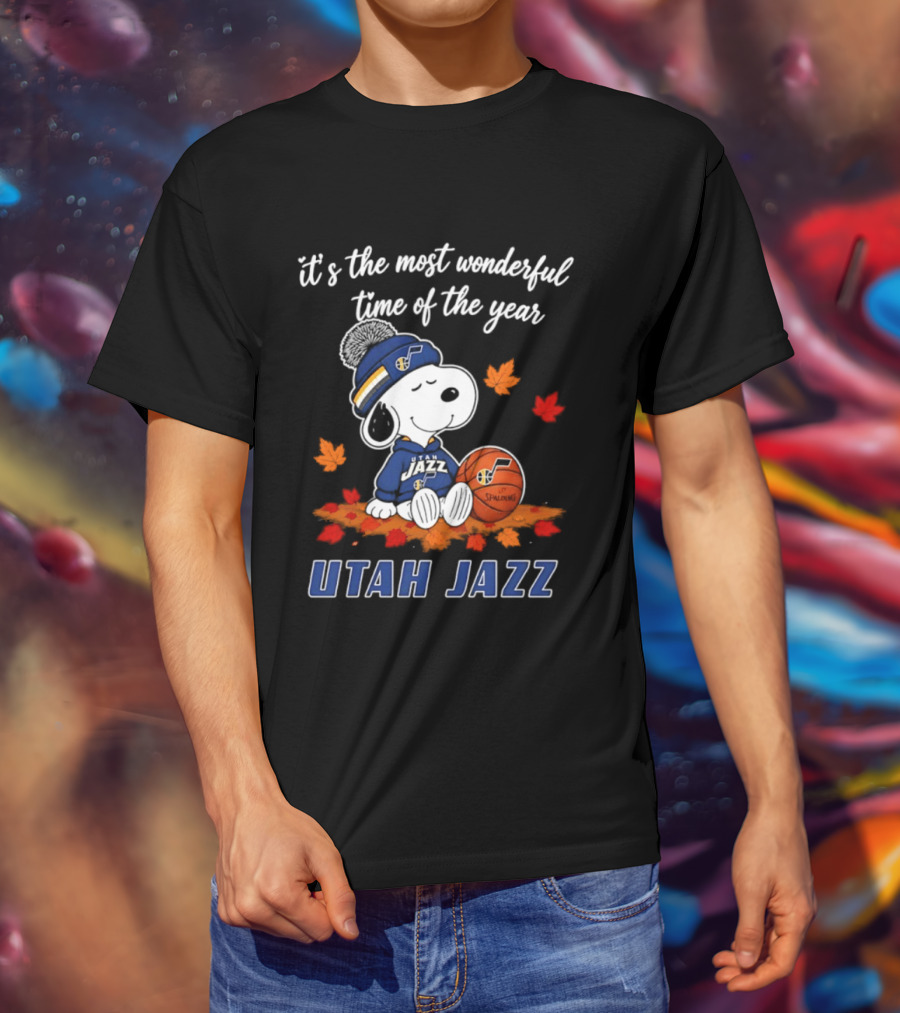 Utah Jazz Snoopy Halloween 2026 It's The Most Wonderful Time Of The Year Basketball Fan Leaves T-Shirt