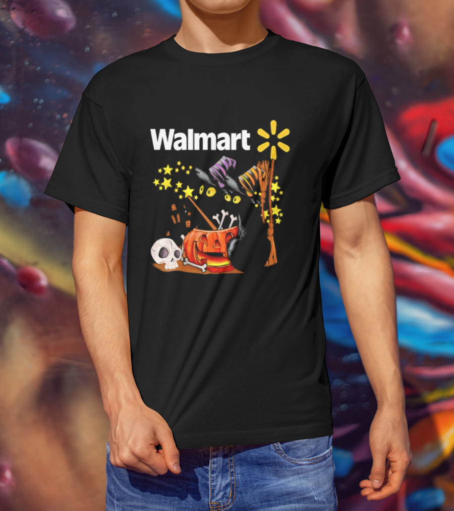 Walmart Halloween 2026 Black Cats With Witch Hats Pumpkin Skull And Stars T-Shirt