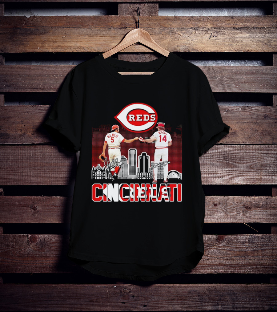 Cincinnati Reds Bench And Rose Skyline Signatures T-Shirt
