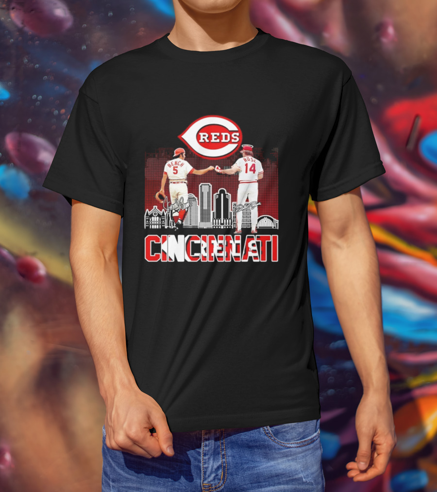 Cincinnati Reds Bench And Rose Skyline Signatures T-Shirt