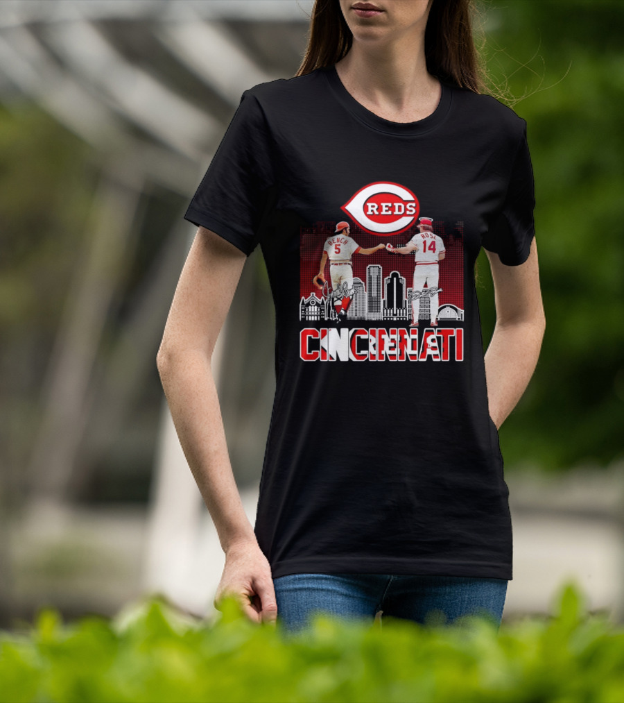 Cincinnati Reds Bench And Rose Skyline Signatures T-Shirt
