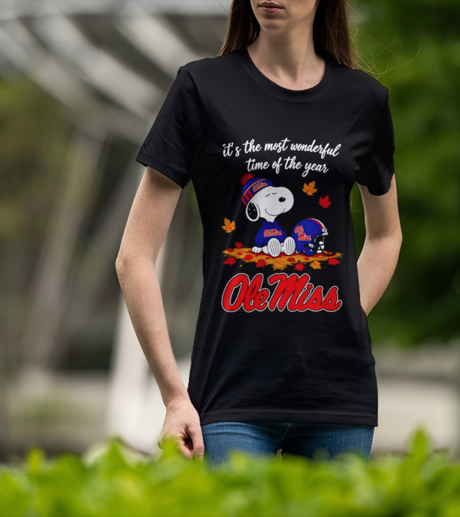 Ole Miss Snoopy It's The Most Wonderful Time Of The Year Fall Leaves T-Shirt