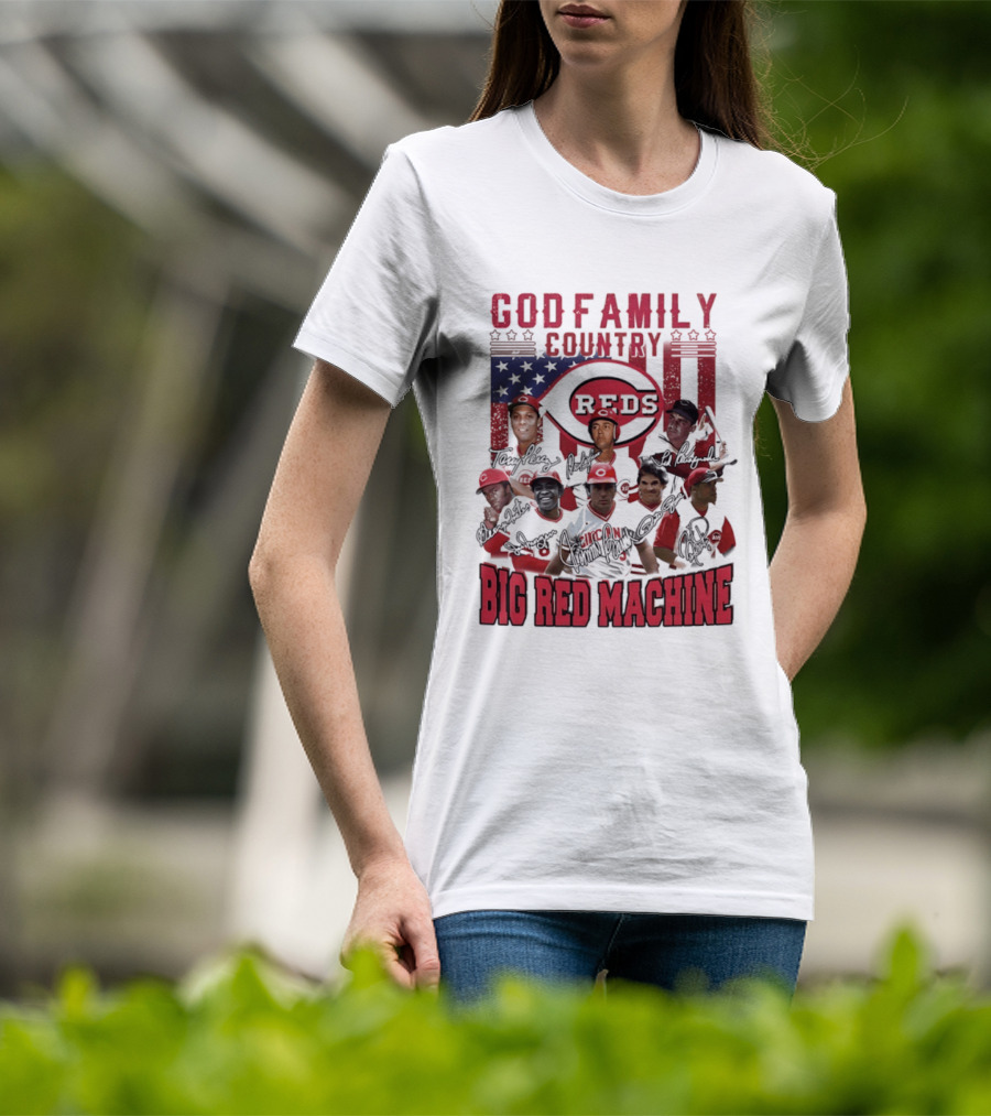 Cincinnati Reds God Family Country Big Red Machine Reds Signatures T-Shirt