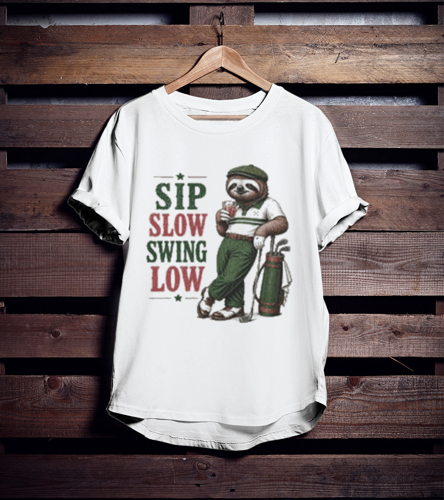 Sip Slow Swing Low Sloth Golfer Drinking Relaxed Golf T-Shirt