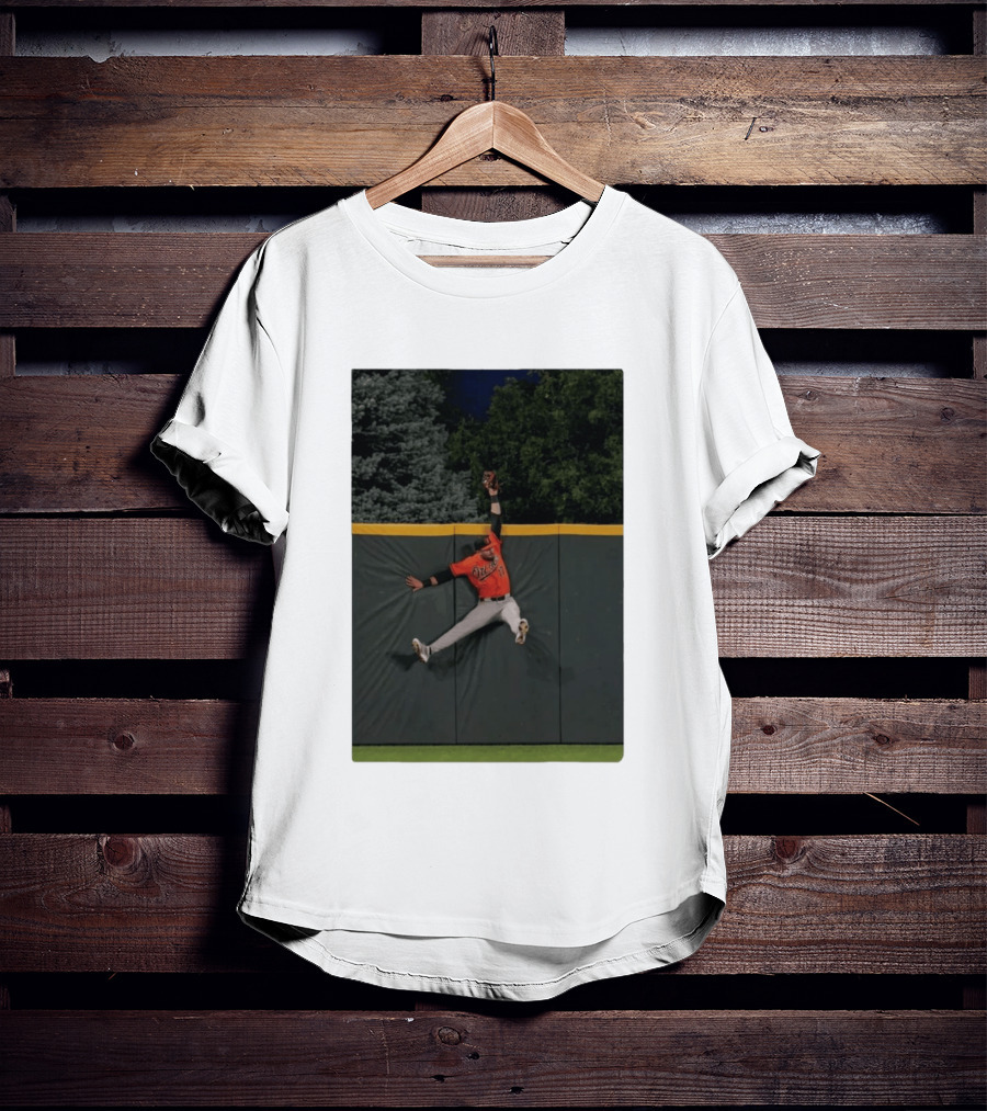 Colton Cowser Catch At Wall Wearing Red O's Jersey In Field Action T-Shirt