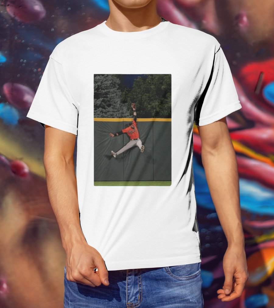 Colton Cowser Catch At Wall Wearing Red O's Jersey In Field Action T-Shirt