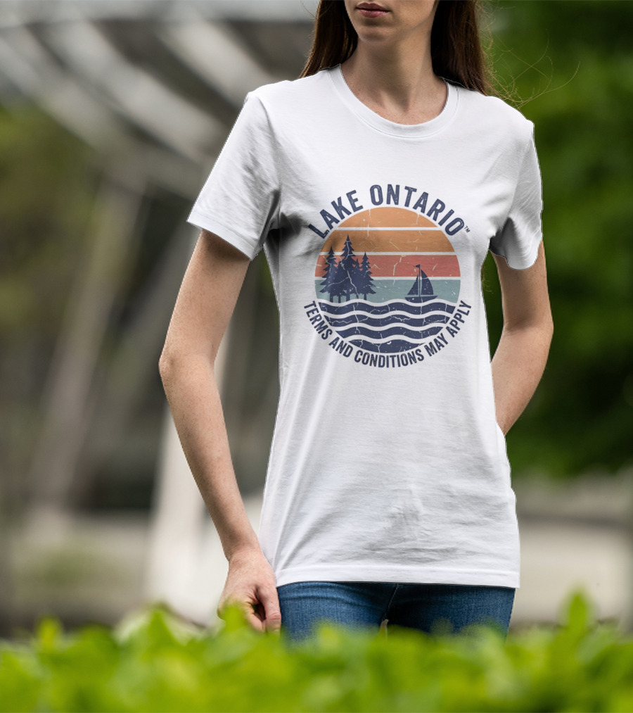 Lake Ontario Terms And Conditions May Apply Sunset Scene With Sailboat And Trees T-Shirt