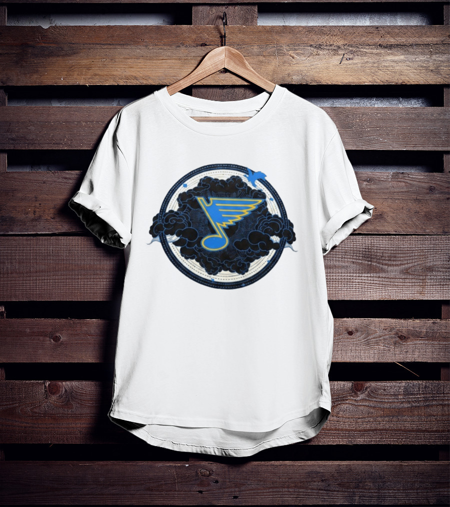 STL Blues Fourth Wing Night 2026 Circle Blue Emblem With Musical Note And Clouds T-Shirt