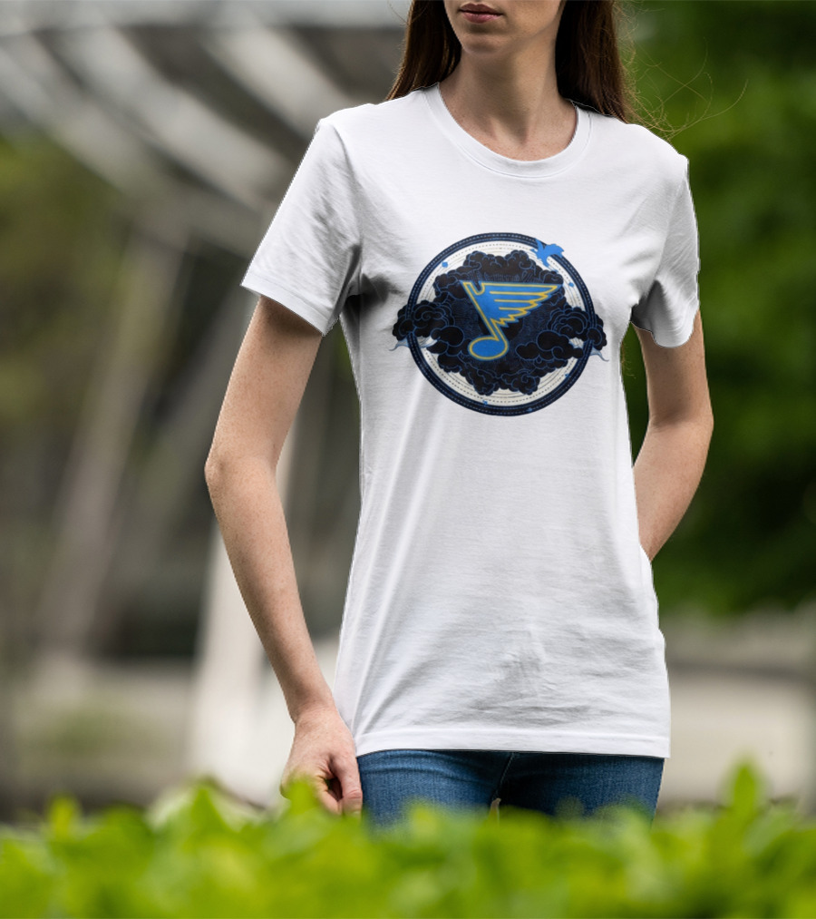 STL Blues Fourth Wing Night 2026 Circle Blue Emblem With Musical Note And Clouds T-Shirt