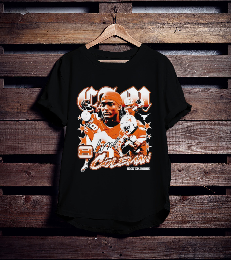 Cameron Coleman 8 Texas Longhorns NCAA Football Star Player Action T-Shirt