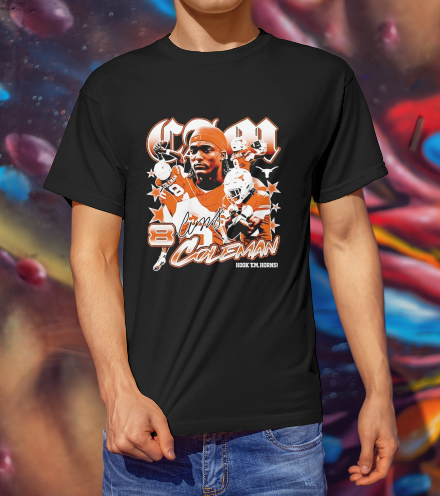 Cameron Coleman 8 Texas Longhorns NCAA Football Star Player Action T-Shirt