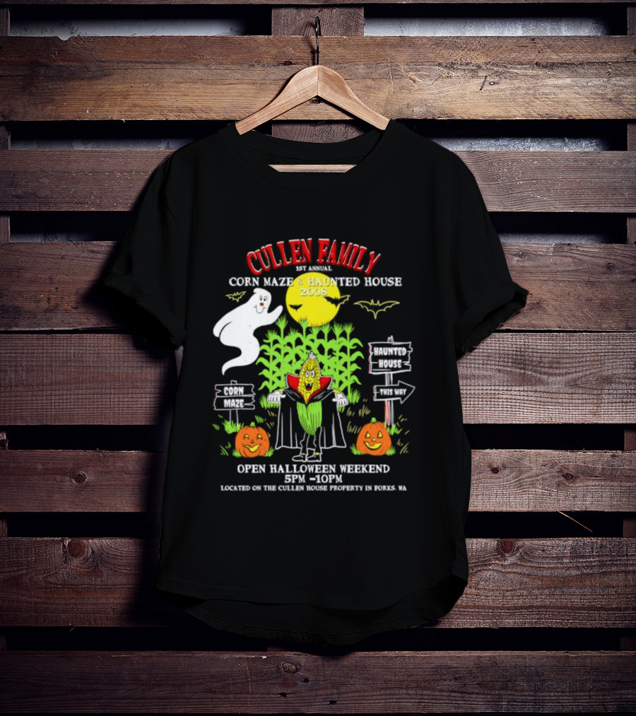 Cullen Family 1st Annual Corn Maze And Haunted House 2008 Halloween Weekend Event Promo With Ghosts And Pumpkins T-Shirt