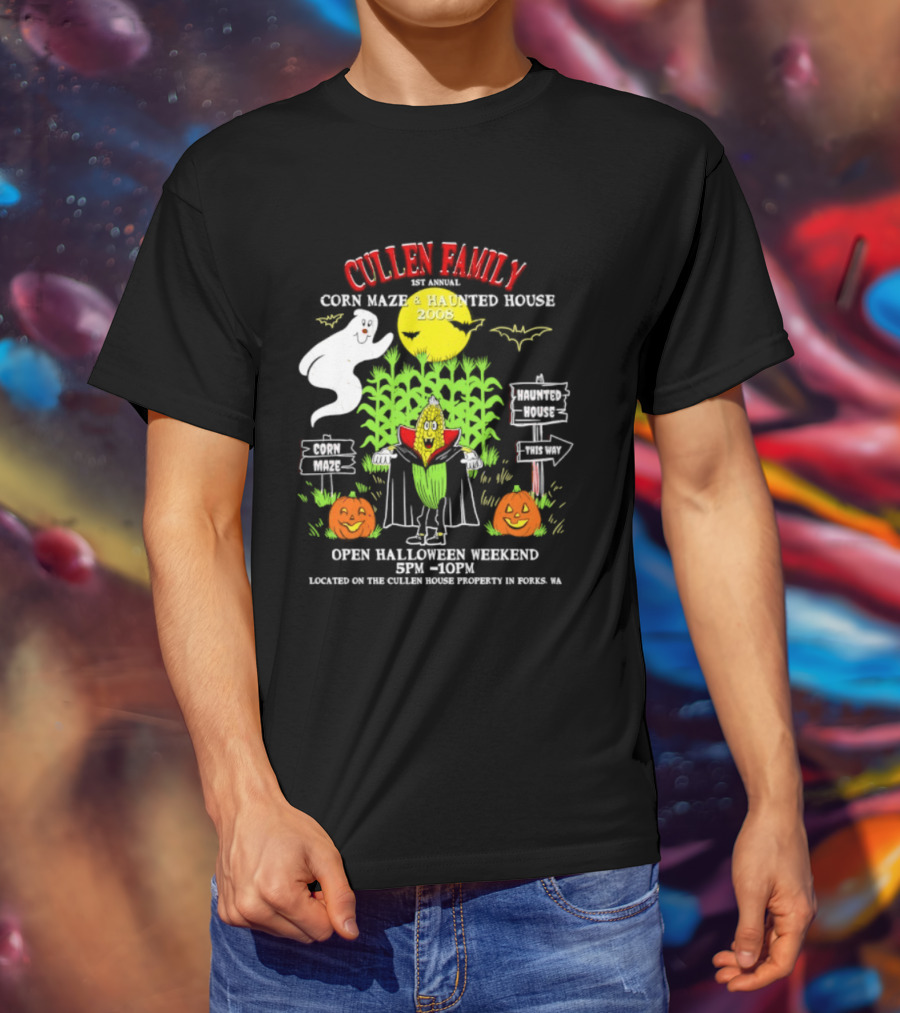 Cullen Family 1st Annual Corn Maze And Haunted House 2008 Halloween Weekend Event Promo With Ghosts And Pumpkins T-Shirt